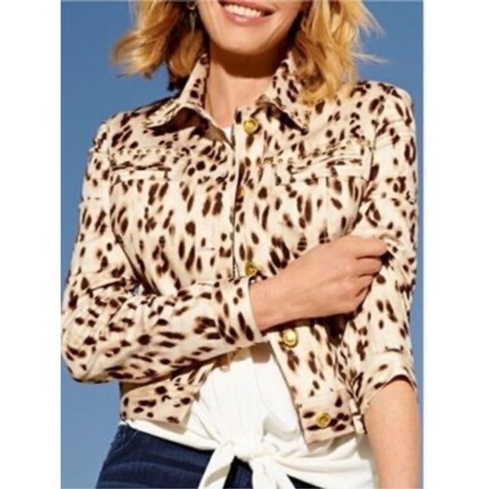 Chico's Leopard Print Studded Denim Jacket Tan Brown Cropped Size 2 Large